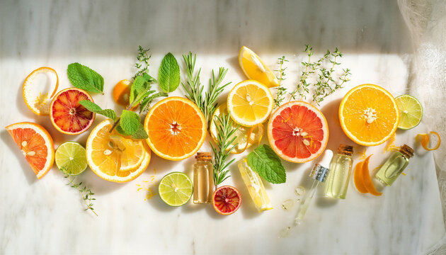 Fresh citrus fruit slices herbs and essential oil bottles flat lay on white marble surface in bright natural light