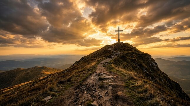Concept photo of a cross on a hill representing spiritual challenges and triumphs along a journey.