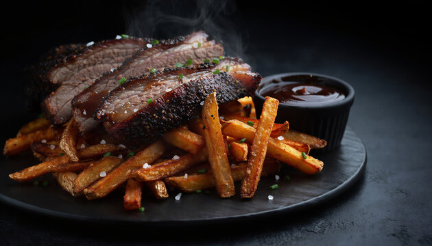 Sliced smoked beef brisket with crispy seasoned fries on dark plate dramatic studio lighting steam rising