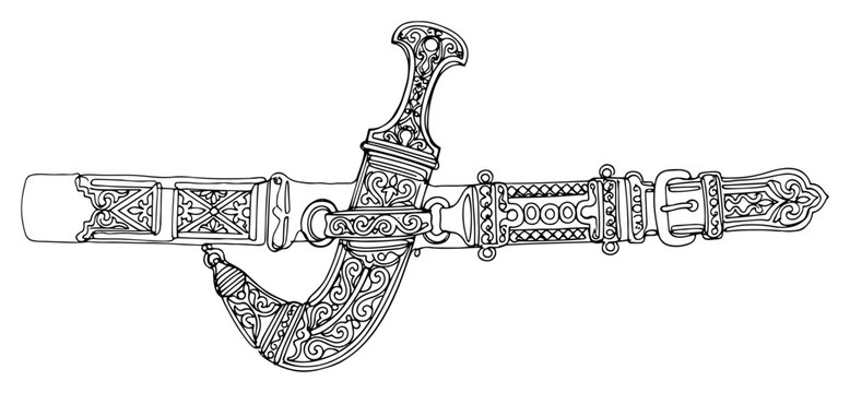 Khanjar dagger with ornate sheath and decorative belt in traditional Arabic line art style