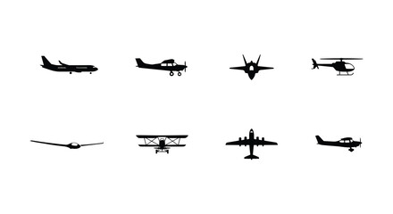 Collection of various aircraft silhouettes against a white background a monochromatic illustration aeroplane airplane aviation biplane cessna fighter © RASIDA