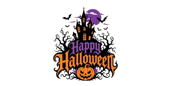 Happy Halloween bold typography design with haunted house purple full moon and orange pumpkin isolated on transparent background