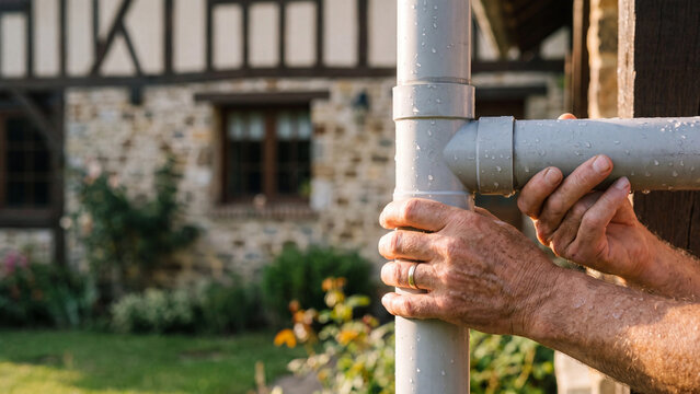 Closeup of a mans hands installing a grey pvc pipe system outdoors in front of a rustic stone house