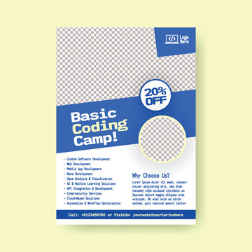 Kids Coding Camp Education Flyer poster Template for Robotics And AI Learning, Computer Programming Class, STEM Technology Course Promotion, Editable Print Brochure Cover And Leaflet Layout design