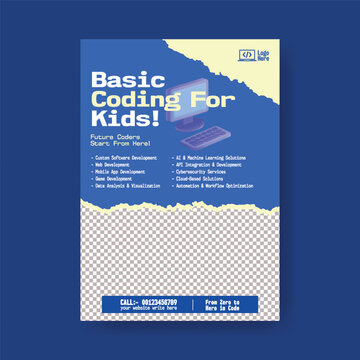 AI Learning Coding Programming Education For Kids Poster Template With Robotics Workshop Flyer Design with STEM Learning Skills Technology Camp Promotion Modern Editable leaflet Brochure Cover Layout