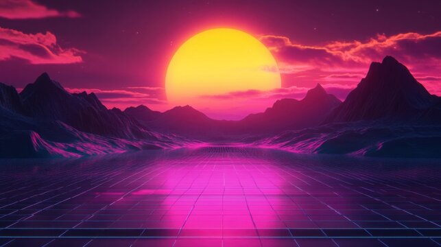 Mountains rise against a massive golden sun in this stylized neon environment featuring a reflective grid floor that creates a sense of depth and eighties inspired atmospheric science fiction art.