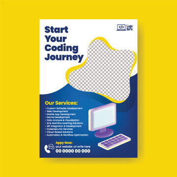 Kids Coding Camp Flyer Template Featuring Robotics And AI Learning Poster template Design, Computer Programming Class Promotion, STEM Technology Course Brochure Cover, Editable Print Leaflet Layout