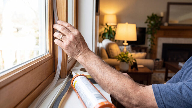 Closeup of a man installing weatherstripping on a wooden window frame in a cozy living room setting