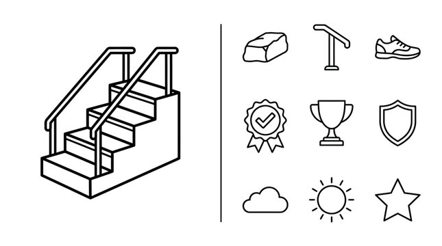 Set of Simple Line Icons Featuring Staircase and Various Abstract Symbols