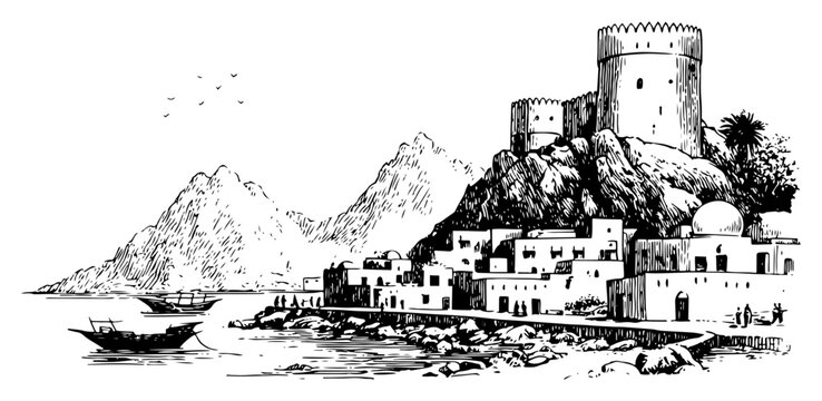 Ancient coastal fortress overlooking harbor with traditional dhow boats and mountains in vintage engraving style