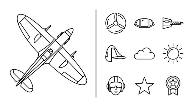 Vintage World War II Fighter Plane and Aviation Icon Set