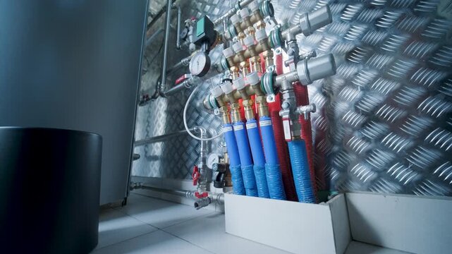 Close-up of a complex underfloor heating distribution manifold with PEX pipes and pressure gauges in a modern boiler room