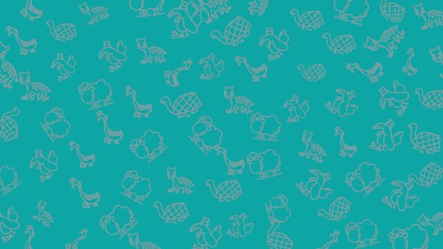 Cute doodle animals seamless loop pattern: giraffe, frog, cat, whale, bear in soft purple tones. Minimal kawaii line art motion background, 4K RGB.