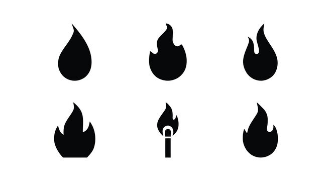 Collection Of Black Flame And Droplet Shapes Minimalist Silhouette fire ember blaze ignition combustion water drop liquid splash