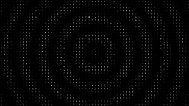 Digital Matrix Code Background with White Alphanumeric Characters and Glowing Concentric Ripple Waves
