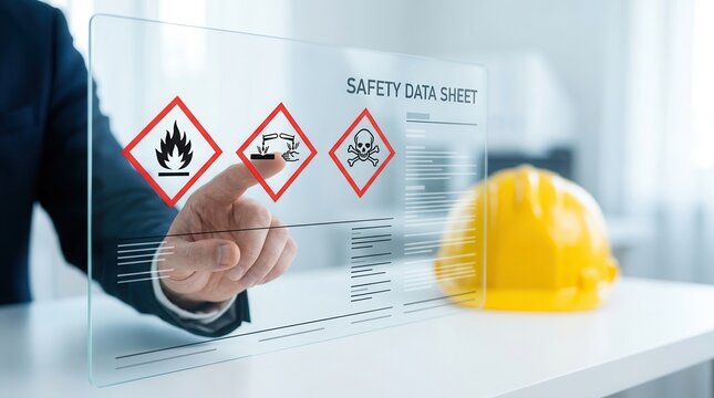 Professional reviewing Safety Data Sheet hazard symbols on a transparent interface near a hard hat.