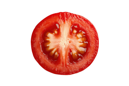 Ripe tomato half showing juicy flesh, vibrant red color, and inner seeds for cooking and healthy eating concepts