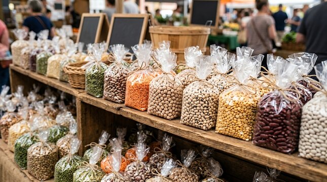 Packaged raw legumes on market shelf Crisp organic leguminous seeds enclosed in clear cellophane wrapping presented on a retail display counter.  organic green peas packaged vegetables raw