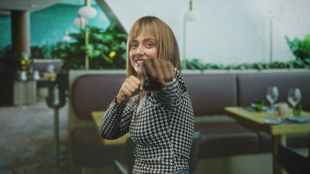 Woman with clenched fists raised in a playful boxing gesture at a restaurant booth inside a building; confidence.