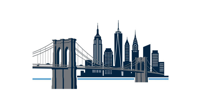 New York City Skyline with Brooklyn Bridge Silhouette and Hudson River