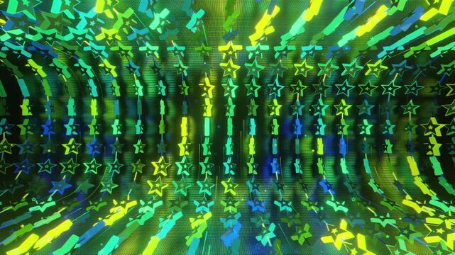 Seamless VJ loop with glowing neon stars abstract structure and psychedelic motion for high-tech club visuals, electronic music festivals, stage screens and for LED video walls