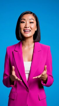 Professional Asian Woman in Pink Blazer Speaking Confidently.