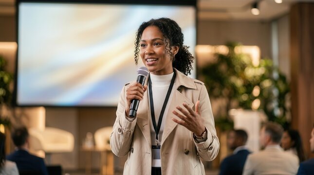 A successful female speaker presenting to an audience on a seminar stage.