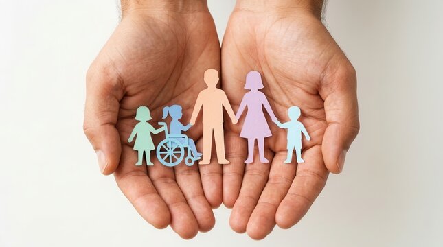 A diverse paper family cutout with a wheelchair user held by male hands representing care and support.