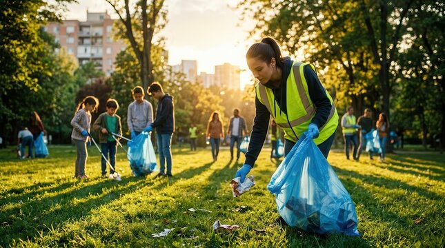 A group of children and a young woman volunteer to clean a city park during a community environmental activity.