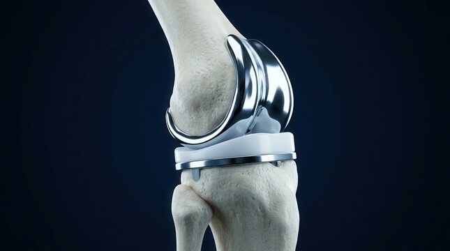 Medical illustration of a knee joint surgery featuring a prosthetic implant.