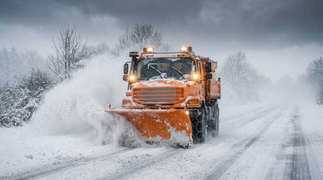 Orange snowplow vehicle driving on an icy expressway to clear white snow during a blizzard.