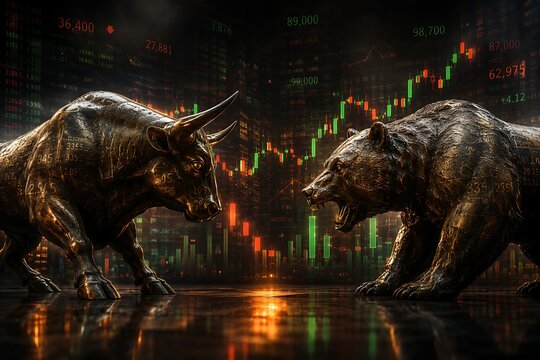 Bull and bear sculptures facing each other with glowing stock market charts in the background, symbolizing market volatility