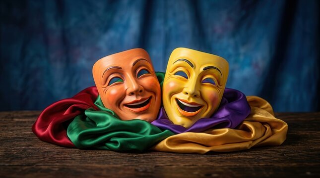 A pair of comedy and tragedy drama masks placed on multi-colored cloth and wood.