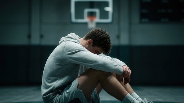 A disappointed young athlete sits slumped on the court floor expressing loss and despair.