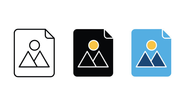 Set of file icons featuring mountain landscape illustration in outline solid and colorful styles for digital document interface design and creative graphic software vector collections