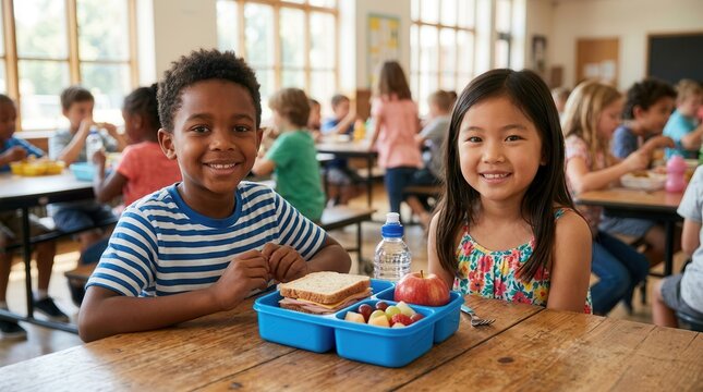 Happy multiethnic children enjoying their school meals during lunchtime in a bright cafeteria.