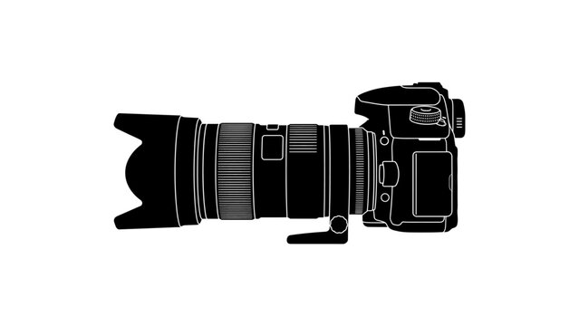 Professional DSLR camera silhouette with telephoto zoom lens, digital photography equipment vector icon, black camera body with lens hood