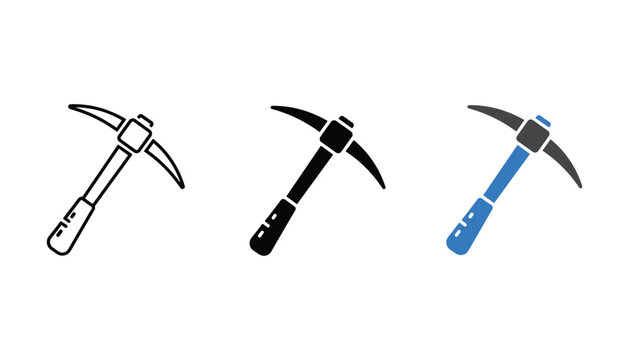 Set of three linear and filled flat pickaxe icons for mining construction and industrial labor digital graphic design projects and professional tool related applications