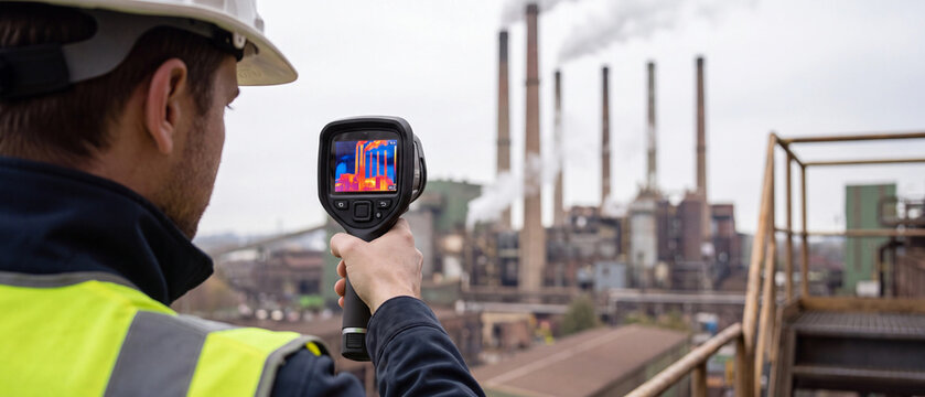 Industrial worker using a thermal imaging camera to inspect factory emissions and heat loss from industrial smokestacks