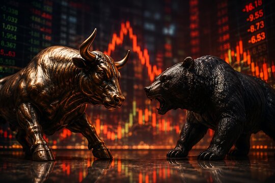 Bull and bear sculptures facing each other with glowing stock market charts in the background, symbolizing market volatility