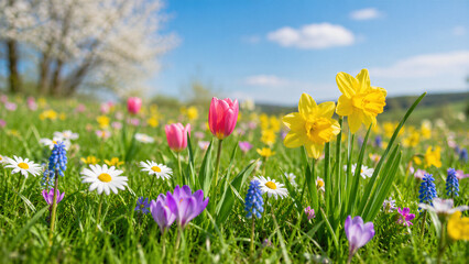 Obraz premium Spring wildflowers blooming in sunlit meadow landscape