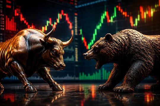 Bull and bear sculptures facing each other with glowing stock market charts in the background, symbolizing market volatility