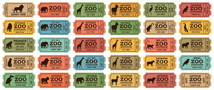 Vintage Zoo Admission Tickets Collection - Retro Animal Illustrations