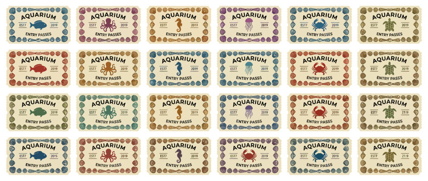 Vintage Aquarium Tickets Collection: Diverse Marine Life Entry Passes