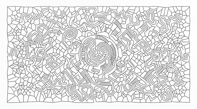 Abstract black and white maze pattern with geometric shapes and organic lines for graphic design backgrounds