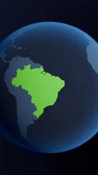 Brazil with borders highlighted on a Globe from Space, planet earth 3d animation, vertical video.