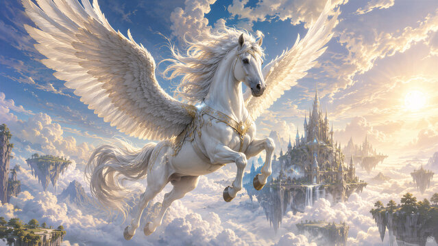 White winged horse soaring above cloud city at sunrise