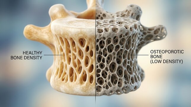Medical visualization of bone density showing healthy structure and osteoporotic porous texture.