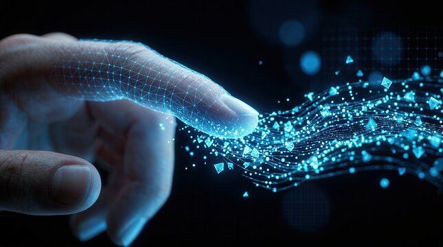 Data governance and oversight symbolized by a hand touching a stream of glowing blue data points.