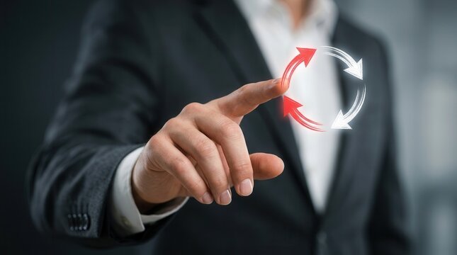 Concept of transition leadership and process alignment shown by a hand pointing at red circular arrows.